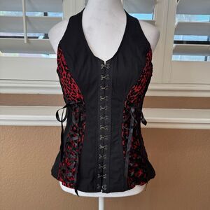 Royal Bones Size XL Halter Neck Corset Top Black Red Animal Print Goth Vamp Alt